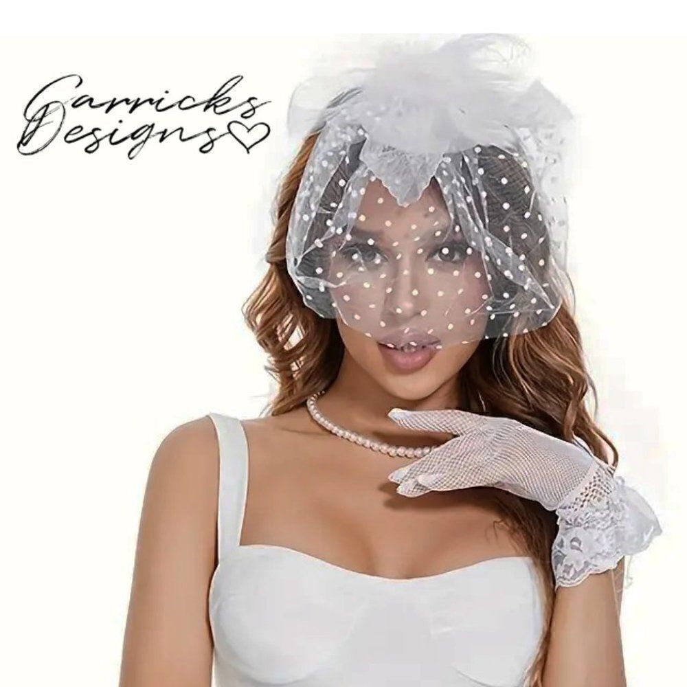 Feather and Polka Dot Fascinator With Lace Gloves For Weddings Dress up and more